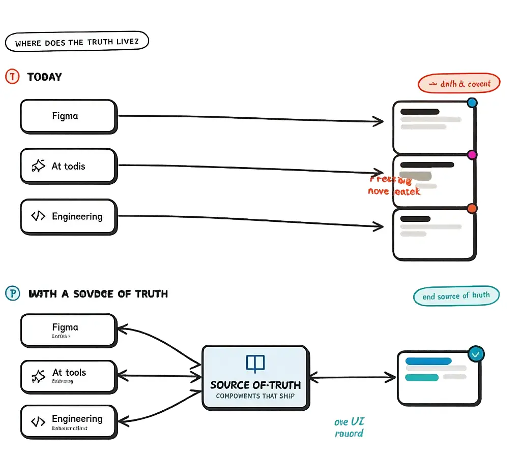 Diagram showing where the truth lives: Figma defines intent, source of truth shows what actually ships.